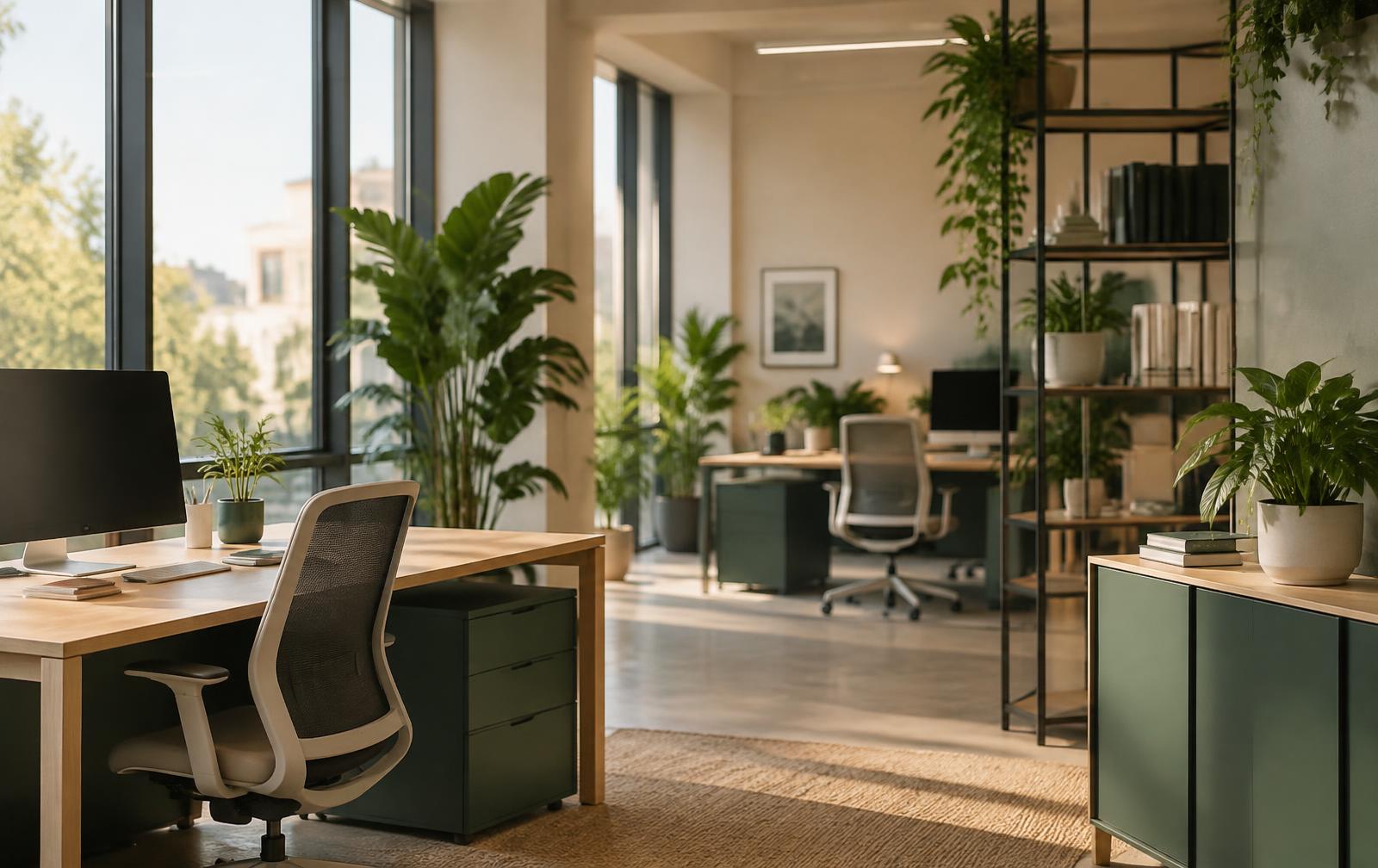 Plateau de bureaux lumineux avec postes de travail et plantes